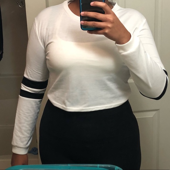 White Varsity Striped Sleeve Crop T-Shirt - Picture 4 of 4